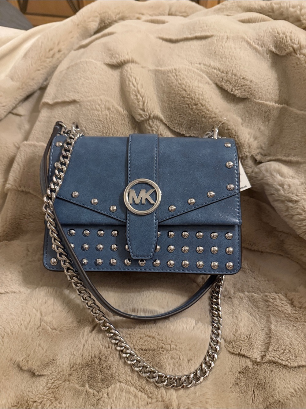 Michael Kors Denim Blue Studded MK Logo Chain Crossbody